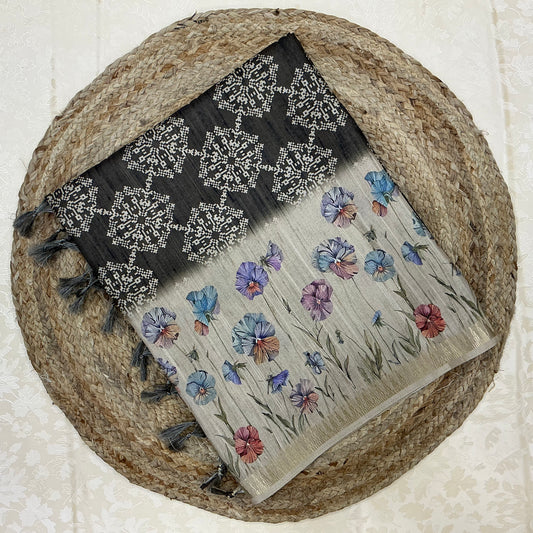 Handloom Semi Tusser Silk Saree charcoal grey base