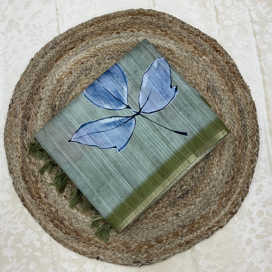 Handloom Tusser Silk Saree in sage green base with vertical textured lines