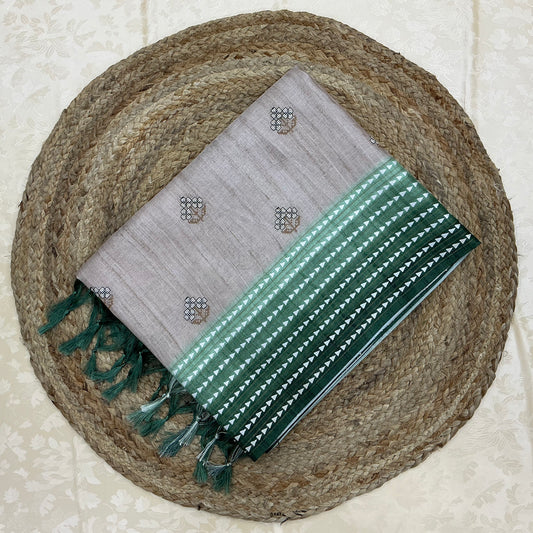 Semi Handloom Tusser silk saree with embroidery soft beige and emerald Green