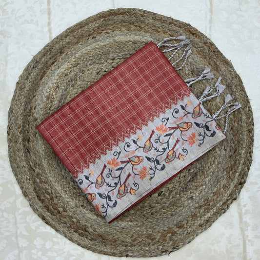 Handloom Tusser Silk Saree in Rust Red with Bird Motif Pallu