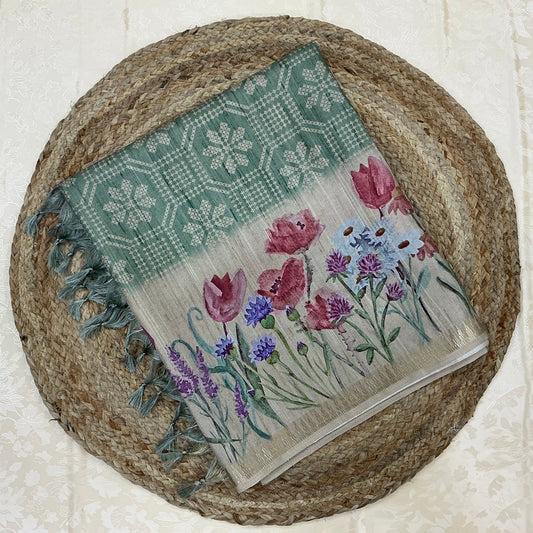 Handloom Semi Tusser Silk Saree sage green base