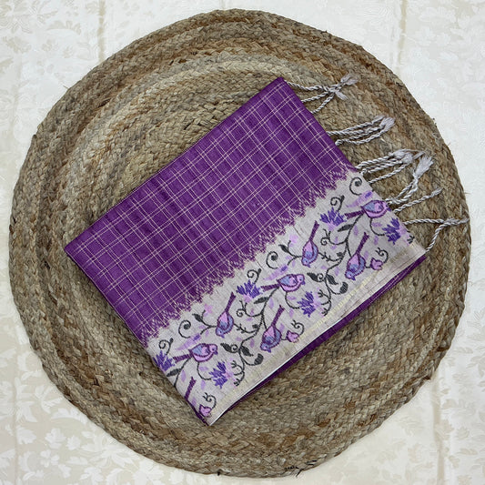 Handloom Tusser Silk Saree in Deep lavender-purple with Bird Motif Pallu