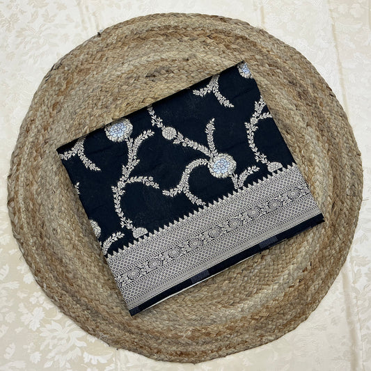 Art Dupion Silk Saree in deep black shade base