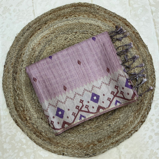 Pastel Pink Handloom Tusser Ikkat Printed Saree with Geometric Pallu Design