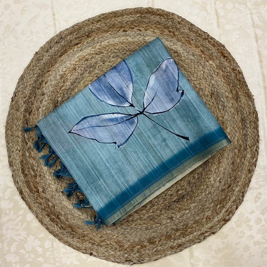 Handloom Tusser Silk Saree in teal blue base with vertical textured lines