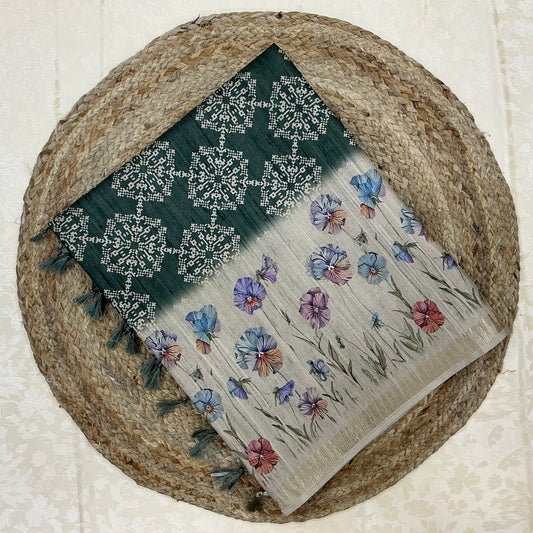 Handloom Semi Tusser Silk Saree forest green base