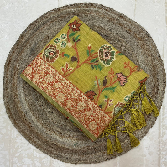 Art Moga Cotton Saree in olive mustard yellow shade