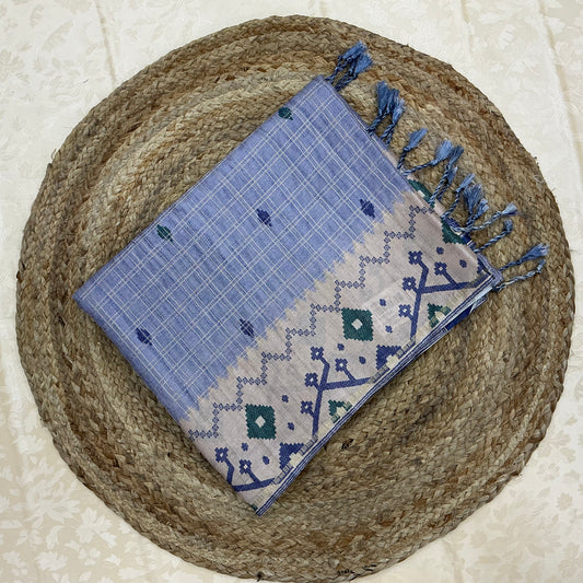 Pastel Blue Handloom Tusser Ikkat Printed Saree with Geometric Pallu Design