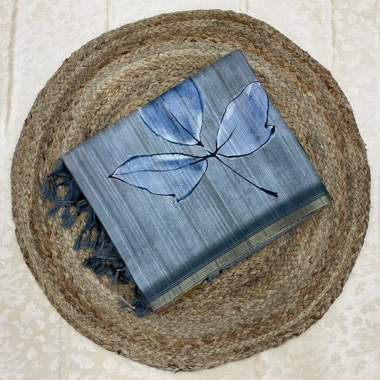 Semi Handloom Tusser Silk Saree in slate grey base with vertical textured lines