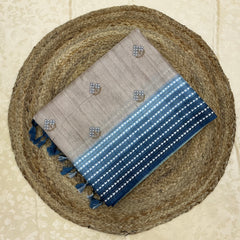 Semi Handloom Tusser silk saree with embroidery soft beige and serene teal blue base
