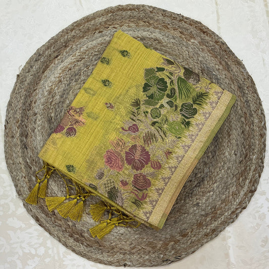 Art Moga Cotton Saree in soft pastel mustard golden yellow shade