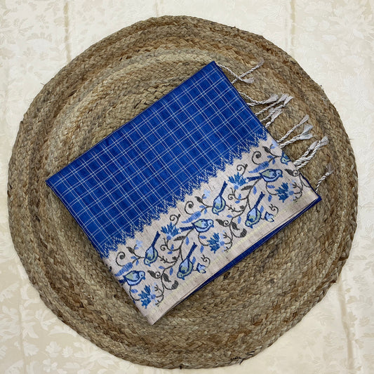 Handloom Tusser Silk Saree in Royal Blue with Bird Motif Pallu