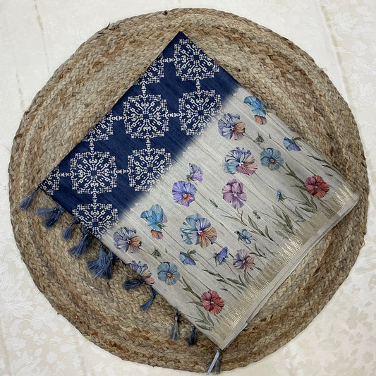 Handloom Semi Tusser Silk Saree navy blue base