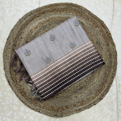 Semi Handloom Tusser silk saree with embroidery soft beige and Coffee Brown base