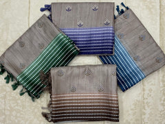 Semi Handloom Tusser silk saree with embroidery soft beige and emerald Green