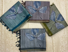 Handloom Tusser Silk Saree in sage green base with vertical textured lines