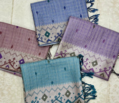 Pastel Blue Handloom Tusser Ikkat Printed Saree with Geometric Pallu Design