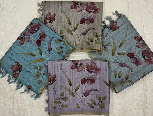 Handloom Tusser Silk Saree in soft pastel sage green base