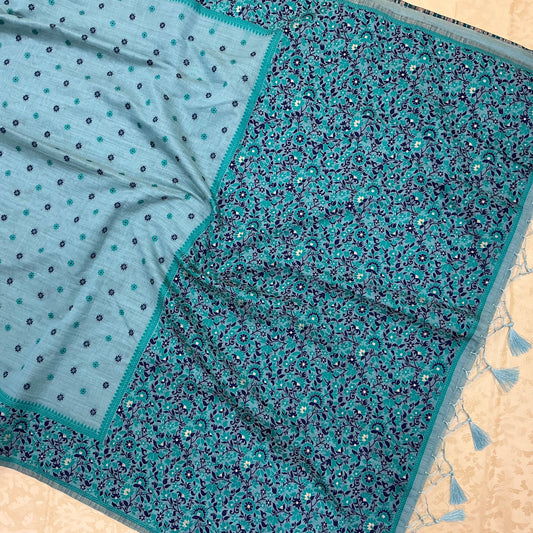 Art Moga Cotton Saree in aqua blue and teal shade