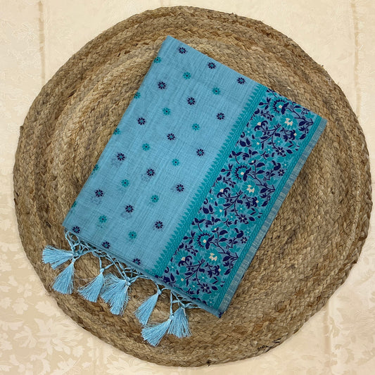 Art Moga Cotton Saree in aqua blue and teal shade