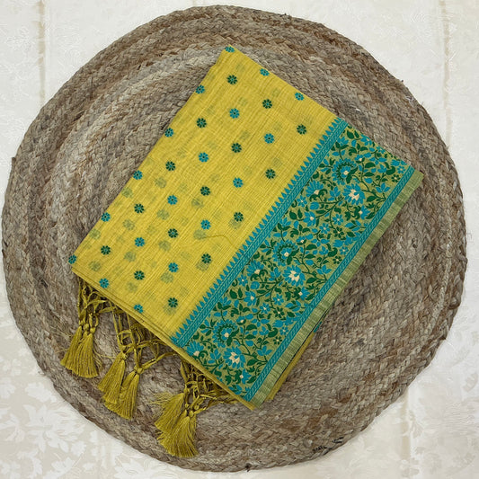 Art Moga Cotton Saree in mustard yellow and teal green shade